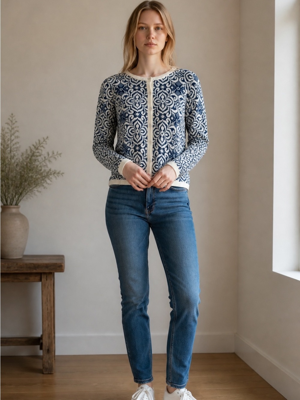 Appleseed’s Blue & Ivory Damask Cardigan Sweater XL Cozy Cottage Coastal Comfy